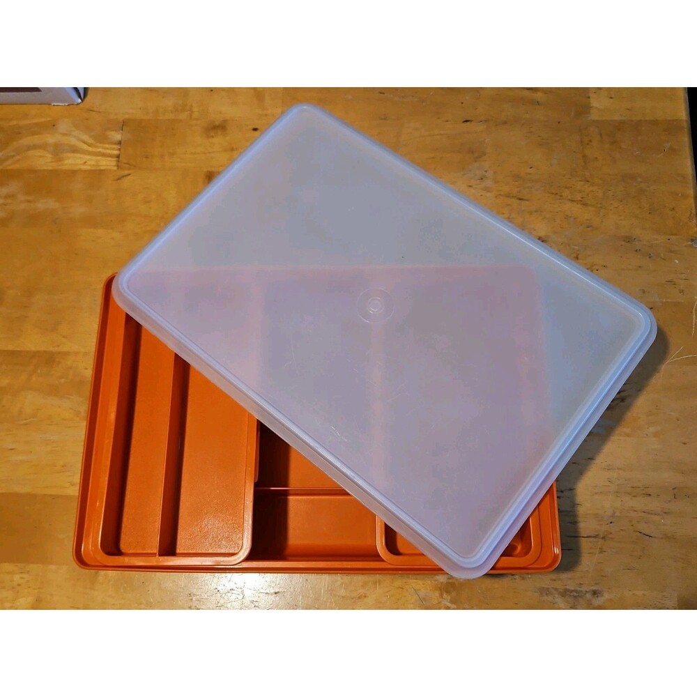 Vintage Tupperware Tuppercraft Orange #1421 Craft Storage Box W/ Lid & 2 Inserts